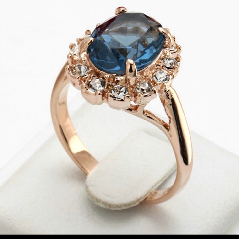 Ring 18k Top Quality Rose Gold Color Blue - Picture 1 of 3